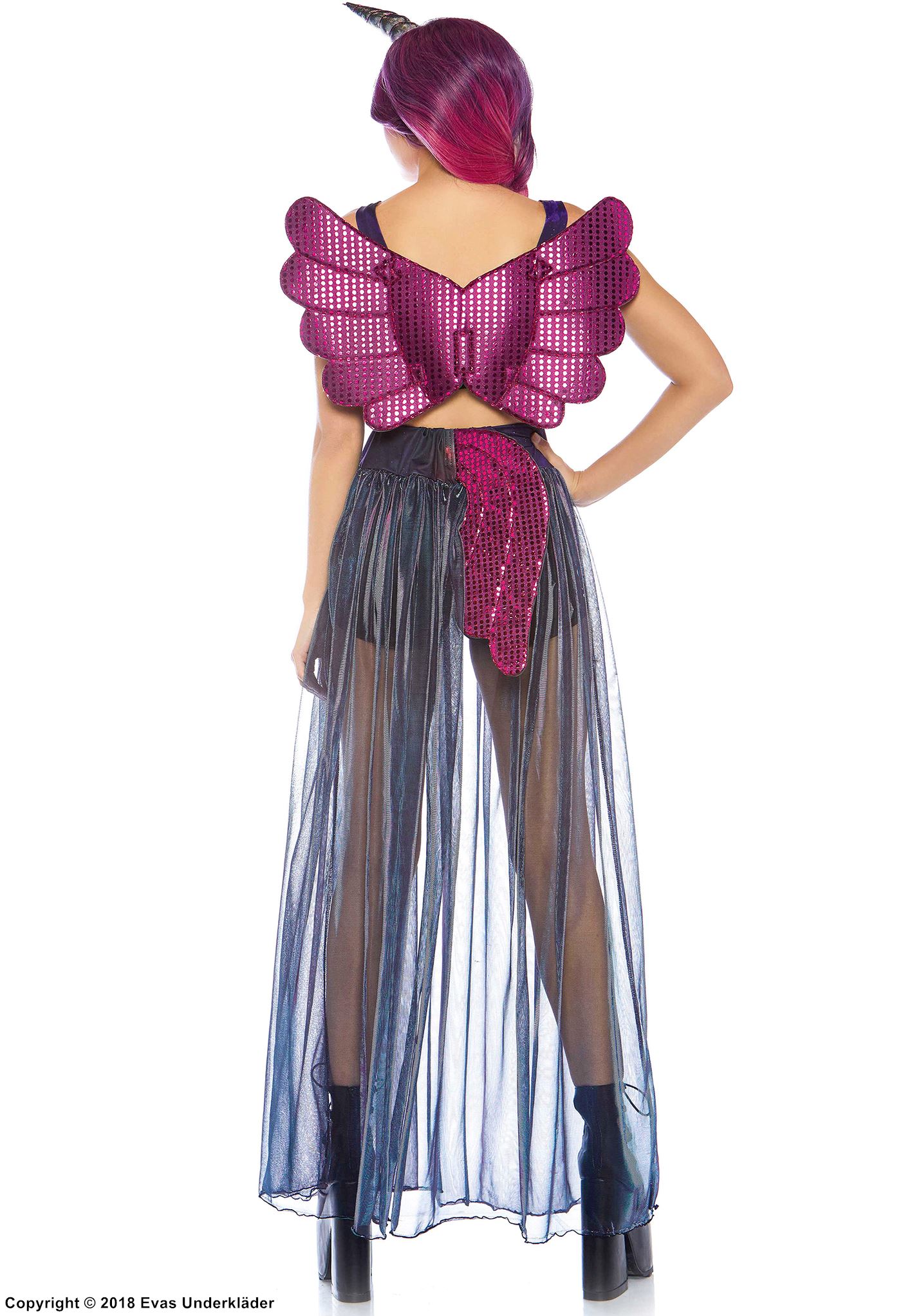 Unicorn (woman), top and skirt costume, rhinestones, iridescent fabric